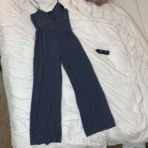 Navy and white poka dot wide leg jumpsuit